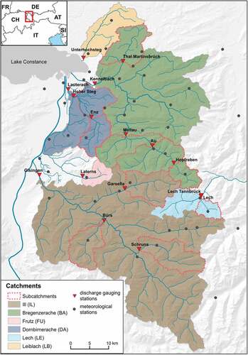 Figure 1. The study area of Vorarlberg including catchment boundaries, gauging stations and meteorological stations