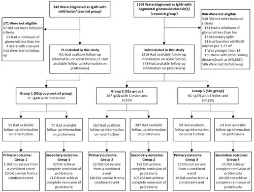 Figure 1. Enrolment and Follow-up. 1,436 patients were assessed for eligibility, of whom 419 were deemed eligible for enrolment and all enrolled in group 1 to 3 (Research group, 348; Control group, 71), including cases that suffered a combined event within 1 year during follow-up. And this study specifies the longest follow-up period is 5 years. *M0E0S0T0C0 according to the Oxford classification of IgAN. S, segmental glomerular sclerosis. S < 25%, the proportion of segmental glomerular sclerosis <25％. S ≥ 25%, the proportion of segmental glomerular sclerosis ≥25％. MN: membranousnephropathy. DKD: diabetic kidney disease.