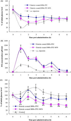 Figure 6. Oral hypoglycemic effect, plasma INS concentration and OGTT of enteric-coated iMSs in diabetes mice. (A): Oral hypoglycemic effect of enteric-coated iMSs in diabetic mice. (B): Plasma INS concentration curves in diabetic mice orally administered with enteric-coated iMSs. (C): OGTT of enteric-coated iMSs in diabetic mice. Reported results are means ± SD of 12 mice. Double stars and single star indicate very significant difference (p < .01) and significant difference (p < .05) from the control, respectively.