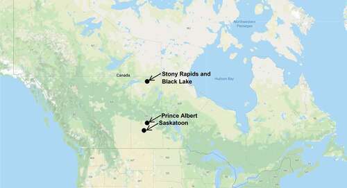 Figure 1. Black Lake and Stony Rapids, two northern, remote, Indigenous communities in the province of Saskatchewan, Canada. The closest cities with regularly available ultrasound imaging are Prince Albert and Saskatoon, approximately 903 km and 1,040 km (driving distance), respectively, from Stony Rapids