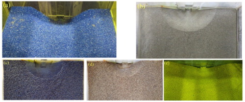 Figure 3 Flushing cone formed with (a) LW-1, (b) Sand-1, (c) LW-2, (d) Sand-2 and (e) LW-3.