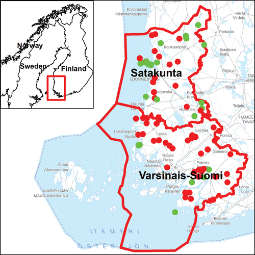 Figure 2. Case study area: the counties of Satakunta and Varsinais-Suomi. Legend: red points = existing wind parks, green points = plafigurenned wind parks.