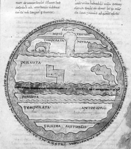 Fig. 5. World map from a tenth‐ or eleventh‐century north Italian manuscript of Macrobius, Commentary on the Dream of Scipio. North is at the top. The earth is divided into five zones, with the central zone (perusta) unequally divided by the equatorial ocean. Italia and the Orcades are marked, along with the Caspian sea, in the northern temperate zone (temperata nostra). The Red and Indian seas are shown as inlets of the equatorial ocean. The southern temperate zone is marked Temperata antoecorum (temperate zone of the antoikoi). Compare with Figures 3 and 6. Bamberg, Staatsbibliothek MS Class. 38, fol. 20r. Appendix 1, no. 5. (Reproduced with permission from the Bamberg Staatsbibliothek.)