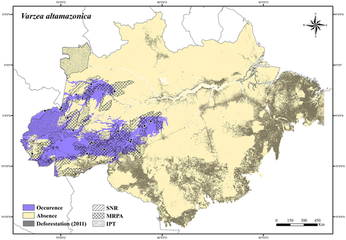 Figure 77. Occurrence area and records of Varzea altamazonica in the Brazilian Amazonia, showing the overlap with protected and deforested areas.