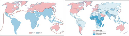 Figure 1. Mapping the (Firstspace) South: The 1980 ‘Brandt Line’ (left)Footnote137 and the 2017 World by Income map (right).Footnote138