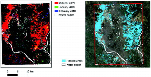 Figure 8. On the left, overlapping of the Water class pixels in the three Landsat images (October 2009, January 2010 and February 2010) combined in a RGB composition, in which permanent water bodies appear in white colour. On the right, the resulting permanent water bodies and flooded areas (Dhaka district).