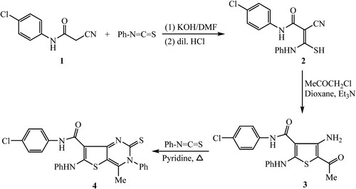 Scheme 1. Synthesis of 5-acetyl-4-aminothiophene analogue 3 and its congruous theino[3,2-d]pyrimidine derivative 4.