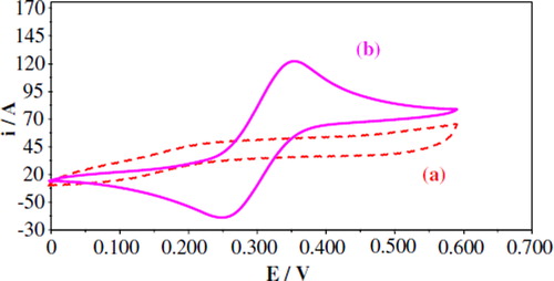 Figure 4. Cyclic voltammetric (CV) curves of modified membrane biosensor (a) without and (b) with addition of 0.1 ml guaiacol solution (10 μM). Supporting electrolyte: 1M KCl solution; scan rate: 50 mVs−1.