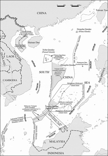 Figure 3. Illustration map of the claims of SCS coastal States.Source: Qi, “China’s Presence and Challenges in the South China Sea in Recent Years and China’s SCS Policies in the Future,” 9; Permanent Mission of China to the UN, Note Verbale CML/18/2009; Damrosch & Oxman, “Agora: The South China Sea, Editors’ Introduction”, 96; U.S. Department of State, Spratly Islands in the South China Sea; United Nations Division for Ocean Affairs and the Law of the Sea, Brunei Darussalam’s Preliminary Submission concerning the Outer Limits of its Continental Shelf.