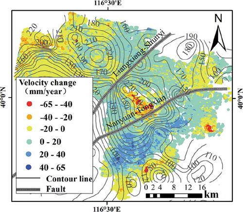 Figure 14. Fault and compressible layer thickness overlaid on the velocity change from 2011–2014 to 2015–2017.