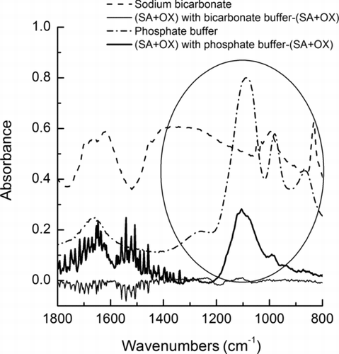 FIG. 6 FTIR spectra of the tested buffers (sodium bicarbonate and phosphate buffer) and the subtracted FTIR spectra ([spectrum of Saline/Oxone/Buffer] − [spectrum of Saline/Oxone])