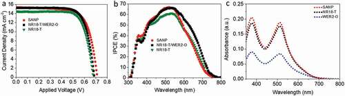 Figure 6. (a) J-V characteristics of devices measured under 1 sun illumination, active area = 0.16 cm2, (b) IPCE, (c) the absorbance spectra of desorbed N719 dye from SANP, NR18-T and WER2-O films (5.0 ± 0.3 µm thick)