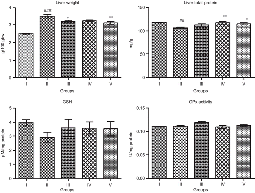 Figure 2.  Effect of WFM on relative liver weight and different liver non-enzymatic and enzymatic antioxidants in APAP-induced hepatic damage in rats. Group I: Normal control, Group II: Toxin control APAP, Group III: WFM-400 mg/kg + APAP, Group IV: WFM-600 mg/kg + APAP, Group V: Silymarin-100 mg/kg + APAP. Results are expressed as mean ± SEM, (n = 6). #P < 0.05, ##P < 0.01, ###P < 0.001 as compared with normal control group; *P < 0.05, **P < 0.01, ***P < 0.01 as compared with toxin control group.