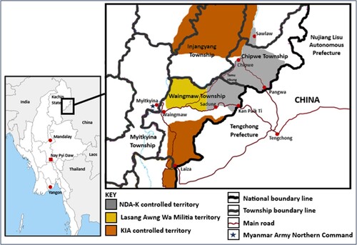 Figure 1. Eastern Kachin State. Areas of territorial control depicted on this map reflect the situation in the period under study in this article.