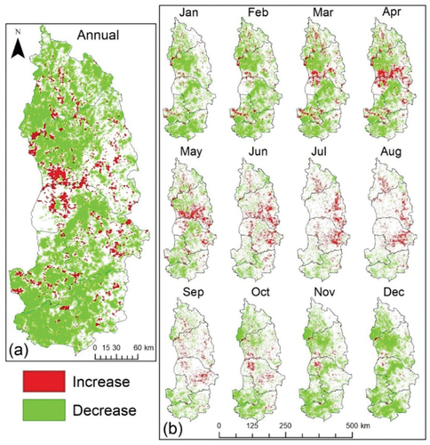 Figure 6. (A) Annual trend and (b) Monthly trend of drought (iMDI) patterns in the study area.