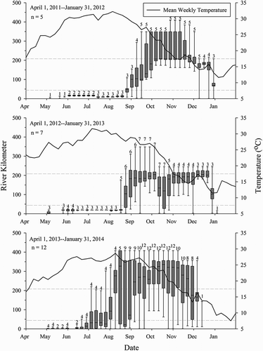 FIGURE 4. Box plots of mean weekly locations of Atlantic Sturgeon that made fall one-step migrations in the Altamaha River system, Georgia, as explained in Figure 3.