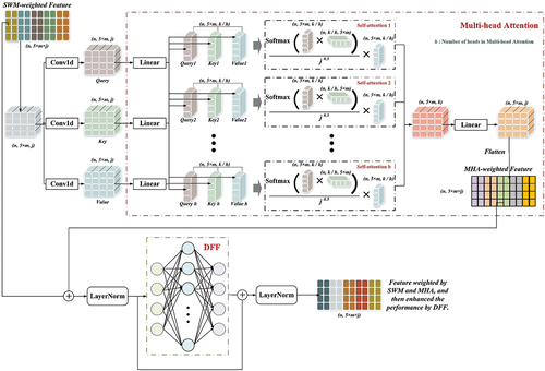 Figure 8. Allocation of attention to features at the slice level by Sequence Weighted Module (SWM), followed by allocation of attention at the feature level by multi-head attention (MHA) of transformer encoder (TE). The SWM-weighted feature and MHA-weighted feature are then inputted into the deep feed forward (DFF) through residual linkage, enhancing the feature’s expressive capability.