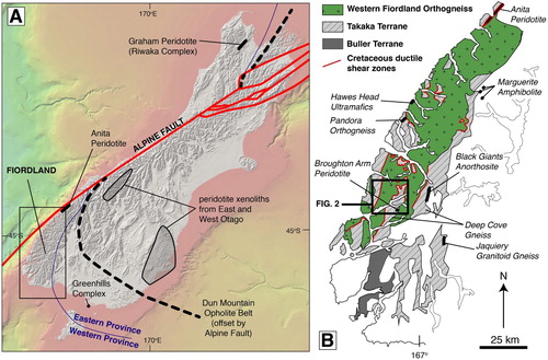 Figure 1. A, Satellite gravity map of the South Island of New Zealand showing some features discussed in the text. B, A simplified geological map of Fiordland (after Turnbull et al. Citation2010) summarising features discussed in the text.