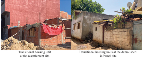 Figure 7. Photos of transitional housing units: brick structure with a roof made from recycled materials (photographs by author).