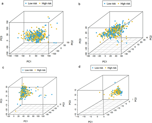 Figure 6. Distribution of risk signature genes across gene expression profiles in high- and low-risk groups, as showed in different spatial distributions (a, b, c, d).