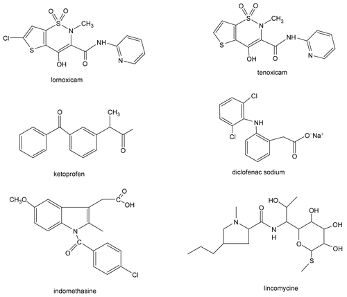 Figure 3.  Structures of lornoxicam, indomethacin, tenoxicam, diclofenac sodium, ketoprofen and lincomycine.