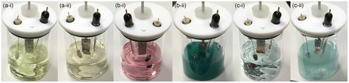 Figure 4. The colors of electrolyte solution after the CV measurements of Fe (a), Co (b), and Cu (c) electrodes in 0.1 M GC+0.5 M Na2SO4 (i) and 0.5 M Na2SO4 (ii).