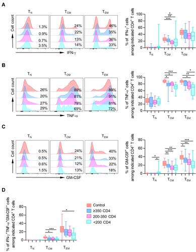 Figure 4 CD4+ T-cell subsets showed impaired production of pro-inflammation cytokines. (A–C) Data were represented as histograms (left) and box plots (right) comparing median frequency in CD4+ cytokine-producing (IFN-γ, TNF-α, and GM-CSF) cells in different CD4+ T-cell subsets (TN, TCM, TEM) among healthy controls and different PLHIV groups (CD4 count≥350 cells/µL, 200–350 cells/µL, <200 cells/µL). (D) Data were represented as box plots comparing median frequency in triple-positive producing CD4+ T cells in different CD4+ T-cell subsets among healthy controls and different PLHIV groups. P values were obtained by Kruskal–Wallis test followed by Dunn’s multiple comparisons test. *P < 0.05, **P < 0.01, ***P < 0.001.