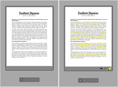 Figure 2. Experimental user interface without highlighting-tool (left) and with highlighting-tool (right). Highlighting could be activated by tapping the highlighter-button which, in activated mode, would appear yellow. Text could then be highlighted with the finger.