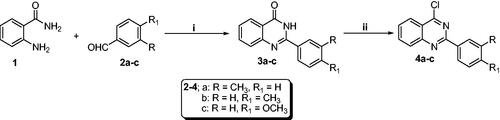 Scheme 1. Synthesis of chloroquinazolines (4a–c): Reaction conditions (i) FeCl3/H2O/heating 80 °C/3h, (ii) POCl3/N,N-dimethylformamide (cat.)/heating 90 °C/4h.