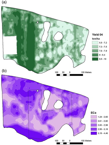 Figure 5. Yield (a) and ECa (b) on the entire Kvarnbo field in 2004. All maps are displayed using quintiles.