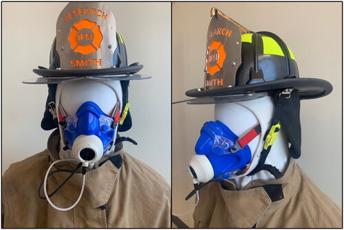 Figure 4. Participants wore the silicone K4b2 metabolic monitor mask under the hood and helmet during firefighting activities.