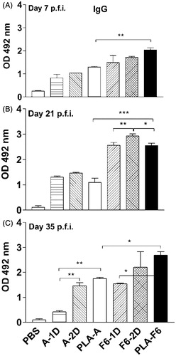 Figure 2. Levels of specific IgG in immunized Swiss mice. Animals were immunized with For sera tail blood of animals were collected on days 7 (A), 21 (B) and 35 (C) post first administration (p.f.a.) of plain or DL-PLA-Ms adsorbed filarial antigens BmA (B. malayi adult extract) or F6 (SDS-PAGE resolved fraction of BmA). Specific IgG antibodies against BmA (1.0 μg protein/ml) or F6 (0.5 μg protein/ml) were determined by sandwich ELISA in serum of the animals immunized with BmA/F6 adsorbed on DL-PLA-Ms and one (A/F6-1D) or two doses (A/F6-2D) of plain BmA/F6 in PBS or PBS alone; absorbance was read at 492 nm. Abbreviation: p.f.i. = post first immunization; A/F6-1D = plain BmA/F6-one dose; A/F6-2D = plain BmA/F6-two doses; PLA-A/F6 = DL-PLA-Ms-BmA/F6. Values are mean ± SD of data from six animals in two experiments. Statistics: Newman–Keuls multiple comparison tests. *p < 0.5 -- significant; **p < 0.1 -- more significant; ***p < 0.001 -- highly significant.