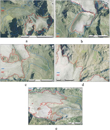 Figure 5. (a) Caspoggio glacier (570,507 E, 5,131,991 N): it is appreciable a newly formed lake in the glacier foreland, moreover unconsolidated sediment and a bare rock area (i.e., roche moutonée) are also visible in the flat area which is strongly re-worked by meltwater. (b) Fellaria est glacier (573,364 E, 5,135,156 N): a proglacial lake is visible on the left hydrographical side, this was in the past (i.e., 1954) an ice contact lake; moreover also unconsolidated sediment re-worked by meltwater is present. A rock exposure (i.e., roche montonée) is also visible. (c) Fellaria Ovest glacier (571,746 E, 5,133,777 N): a newly formed lake is present in the glacier foreland area. Unconsolidated sediment reworked by melting water is also visible together with a wide flat area featuring vegetation (shrubby and grass one) occurrence. (d) Pizzo Scalino glacier (575,946 E, 5,125,974 N): seven newly formed lakes are visible in the glacier foreland area. (e) Scerscen Inferiore glacier (565,177 E, 5,133,396 N): a newly formed lake is present, moreover also unconsolidated sediment and bare rock areas are visible.