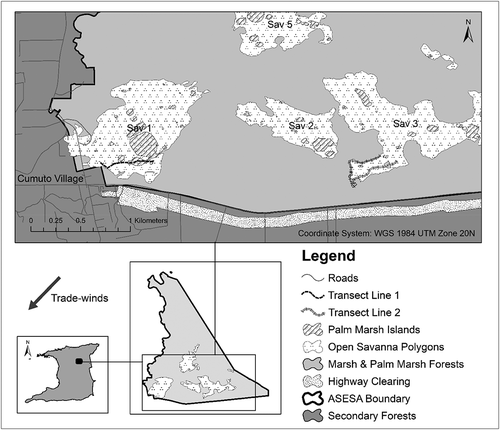 Figure 1. Location and position of transect lines for survey 1 and survey 2 in the Aripo Savannas environmentally sensitive area (ASESA), Trinidad