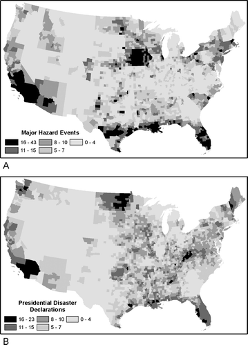 Figure 2 Disasters 1965–2004: (A) Total number of major hazard events by county. (B) Total number of presidential disaster declarations (PDDs) by county.