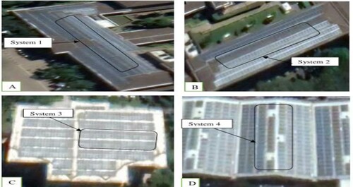 Figure 1. Aerial view of the solar PV systems installation at the study site: (A)Systems 1 (B) System 2 (C) System 3, and (D) System 4.