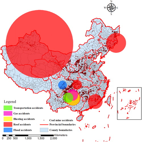 Figure 11. Map to show spatio-temporal clusters of all kinds of coal mining accidents.