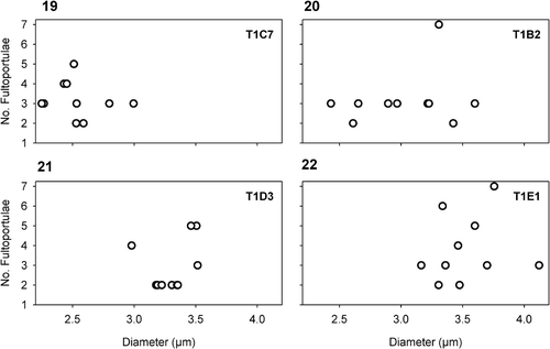 Figs 19–22. Scatter plots of the diameter and the number of fultoportulae in four, representative, sub-clones. There is no relationship between valve diameter and number of fultoportulae in CCMP 495. T1C7, T1B2, T1D3 and T1E1 indicate the individual subclones.