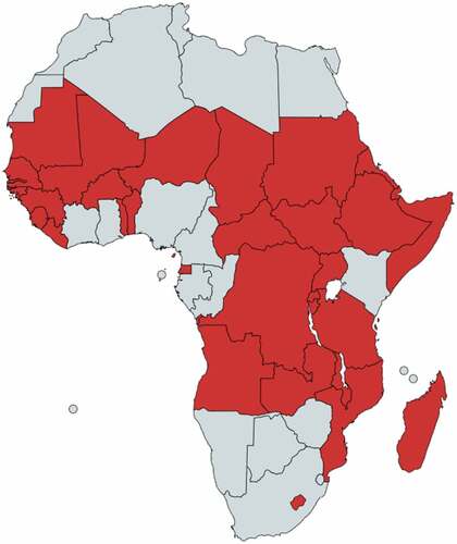 Figure 2. African countries (shaded red) that will be severely affected by rising temperatures due to climate change. The remainder will also, inevitably, be impacted, but not as severely.
