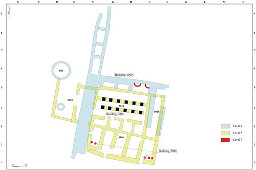 Figure 3. Schematic Plan of the Sequence of Late Iron IIA Pillared Buildings in Ḥorvat Tevet, Area A.