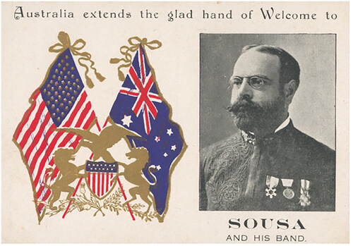 Figure 3. Postcard welcoming the Sousa Band in 1911. ‘Australia extends the glad hand of Welcome to Sousa and his band,’ ca. 1911. PIC Album 998/594 A (PIC/4008), David Elliott Theatrical Postcard Collection [picture], National Library of Australia. https://nla.gov.au/nla.obj-145695597. Reproduced with permission of the National Library of Australia.