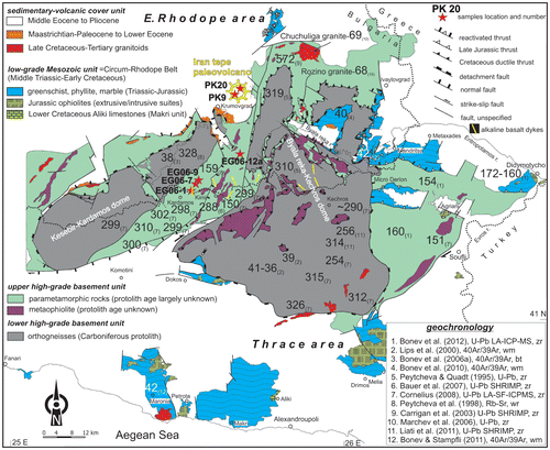 Figure 2. Simplified tectonic map of the eastern Rhodope-Thrace region in southern Bulgaria and northern Greece modified after Bonev et al. (Citation2010). Available geochronology (inset, see also text and references) and the location of samples used in this study for U-Pb LA-ICP-MS geochronology are shown.