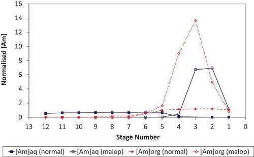 Figure 5. Americium profiles under normal and process upset conditions; profiles normalized to the respective HAF and overlaid to illustrate the accumulation under process upset conditions (n.b. initial Am concentrations in the HAF were not the same).