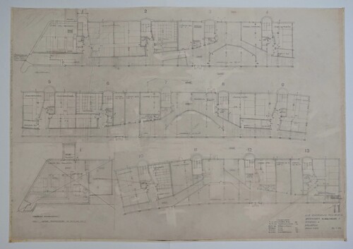 Figure 5. Ralph Erskine. Ormen Långe, Svappavaara, 1963–65. Ground floor plan (divided in three parts) with internal street and social spaces, 1964. From ArkDes Collections (ARKM.1986-17-2703-02). Photo: Andrea Luciani.