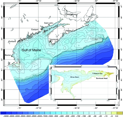 Fig. 1 The Bay of Fundy and Gulf of Maine with locations mentioned in the text indicated. The bathymetry contours are in metres.
