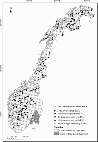 Fig. 1. Distribution of the AR18X18 grid throughout Norway; the dominating vegetation type is decided by the highest number of Secondary Statistical Unit (SSU) points in each Primary Statistical Unit (PSU); R2: Betula nana – Empetrum nigrum coll. subtype. S2: Juniperus communis – Betula nana heath; S3: Vaccinium myrtillus – Phyllodoce caerulea heath and Empetrum nigrum coll. heath