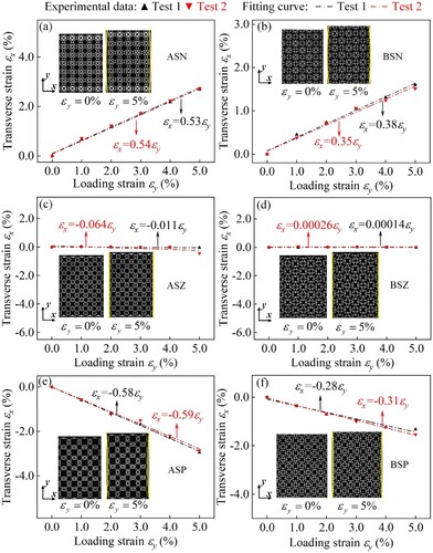 Figure 14. Experimental data, fitting curves and digital images of the deformation process of metamaterials (a) ASN, (b) BSN, (c) ASZ, (d) BSZ, (e) ASP and (f) BSP under Poisson’s ratio tests.