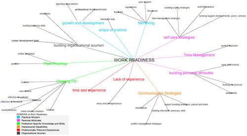 Figure 2A. Graduate strategies to overcome challenges in work readiness. Identified strategies (coloured by Domains) and examples.