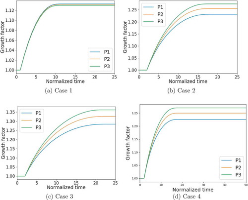 Figure 8. Evolution of growth factor during growth at the inner wall (P1), middle wall (P2), and outer wall (P3) .