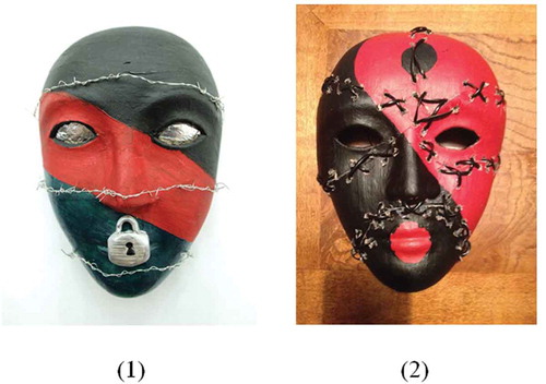 Figure 3. Examples of masks showing psychological injuries and challenges representing: (1) the inability to speak and communicate about traumatic memories; (2) the service member’s feeling of being “broken” after seven deployments (represented through seven fragments) and his process of healing and being “stitched back together.”